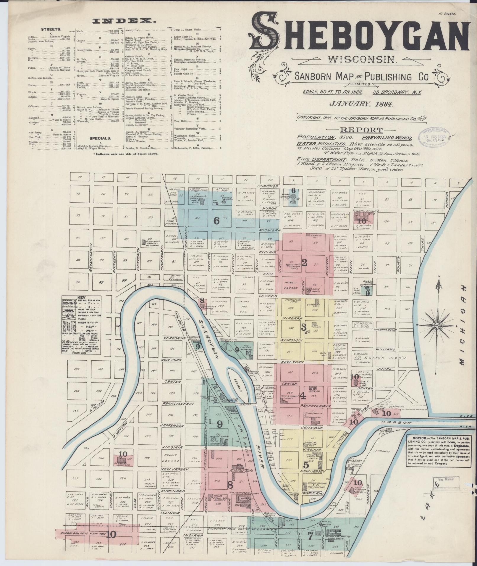 Sanborn Fire Insurance Map from Sheboygan, Sheboygan County, Wisconsin (1884), Sheet #0001 - Complete Map Set gallery image, historic Sanborn map, vintage wall art, Wisconsin Wisconsin