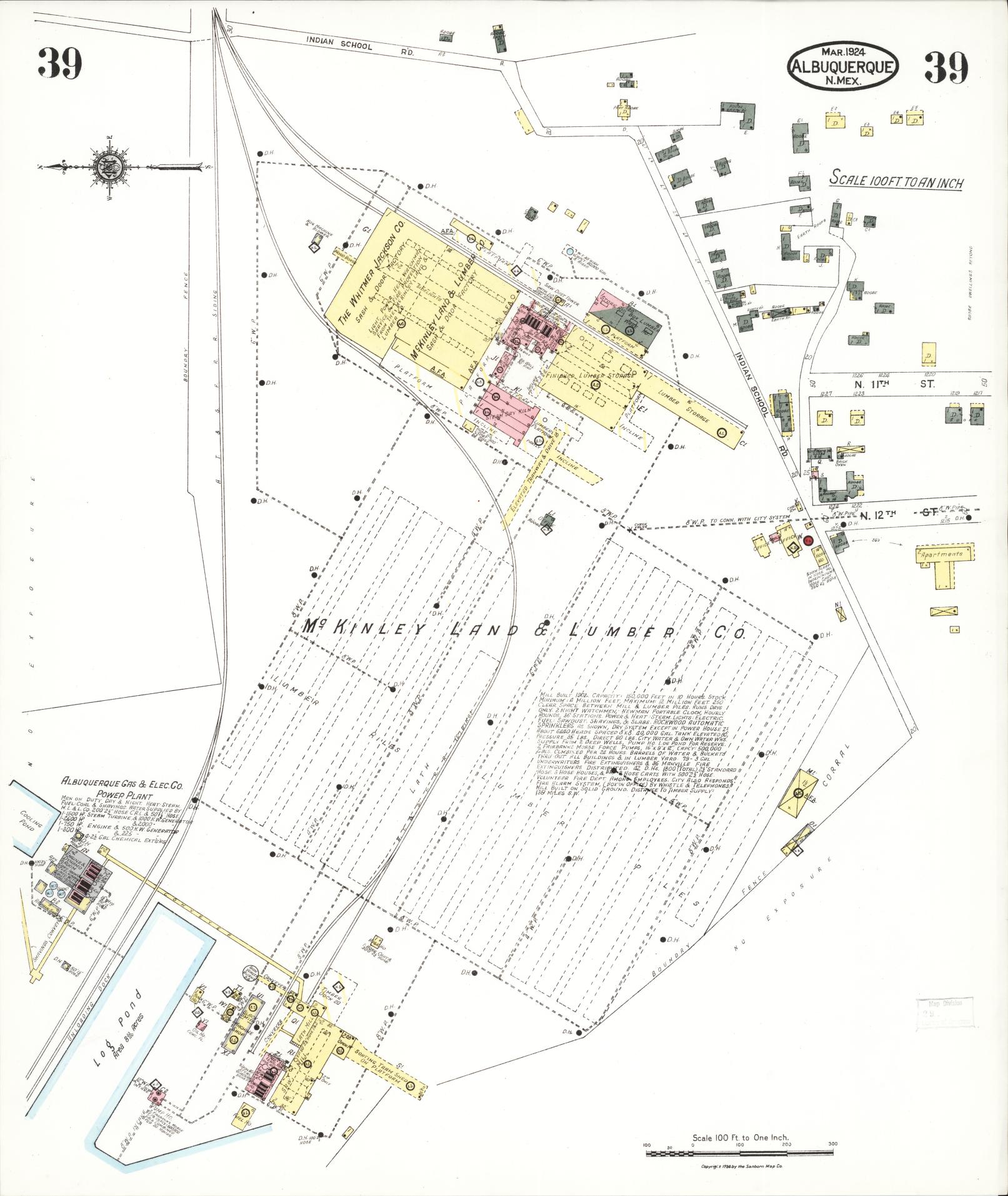 Sanborn Fire Insurance Map from Albuquerque, Bernalillo County, New Mexico (1924), Sheet #0039 - Historic Sanborn Fire Insurance Map Print, vintage old map wall art, antique decor, genealogy gift, New Mexico New Mexico map