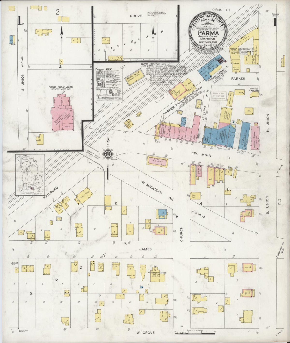 Sanborn Fire Insurance Map from Parma, Jackson County, Michigan (1930), Sheet #0001 - Historic Sanborn Fire Insurance Map Print, vintage old map wall art, antique decor, genealogy gift, Michigan Michigan map