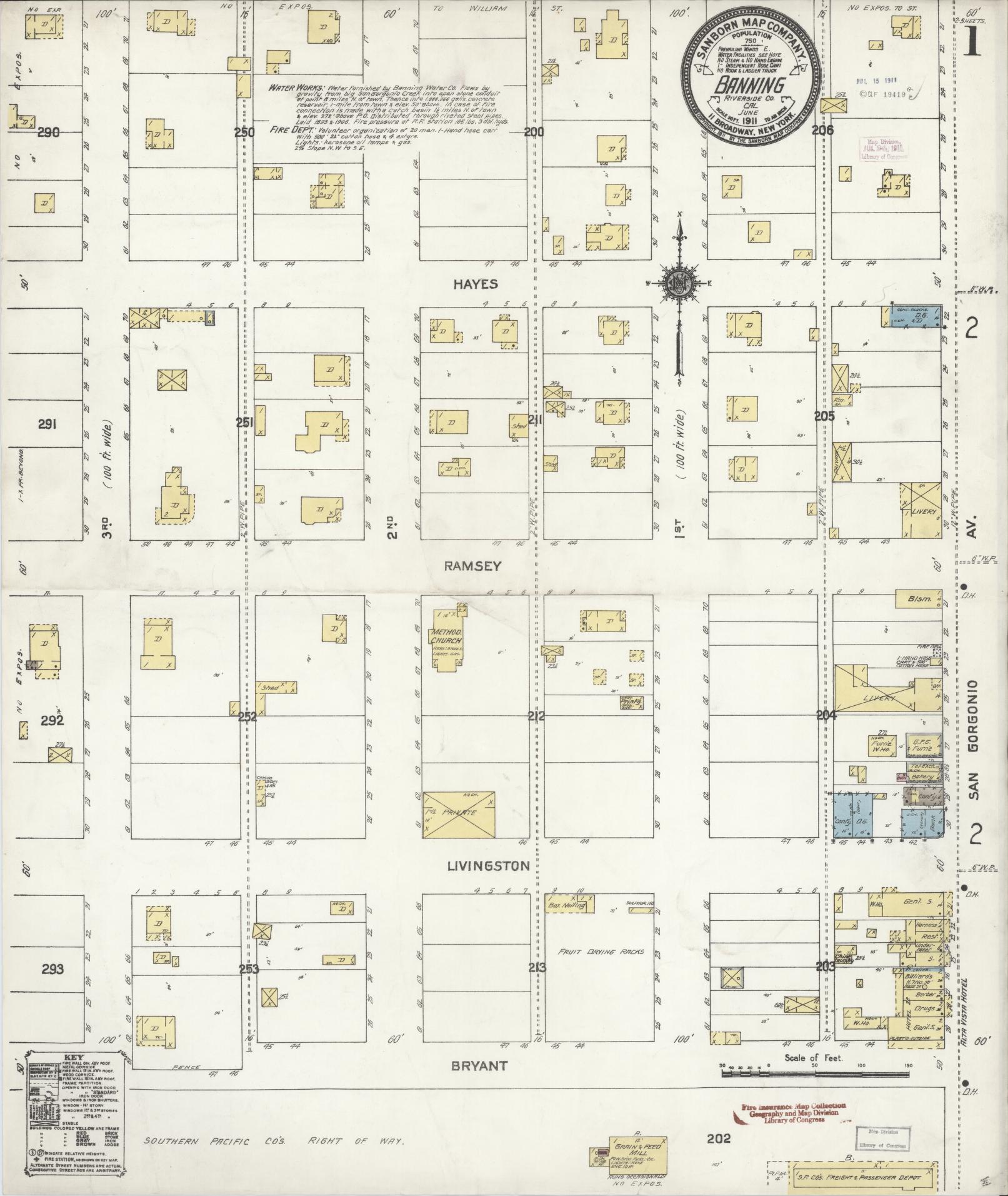 Sanborn Fire Insurance Map from Banning, Riverside County, California (1911), Sheet #0001 - Historic Sanborn Fire Insurance Map Print, vintage old map wall art, antique decor, genealogy gift, California California map