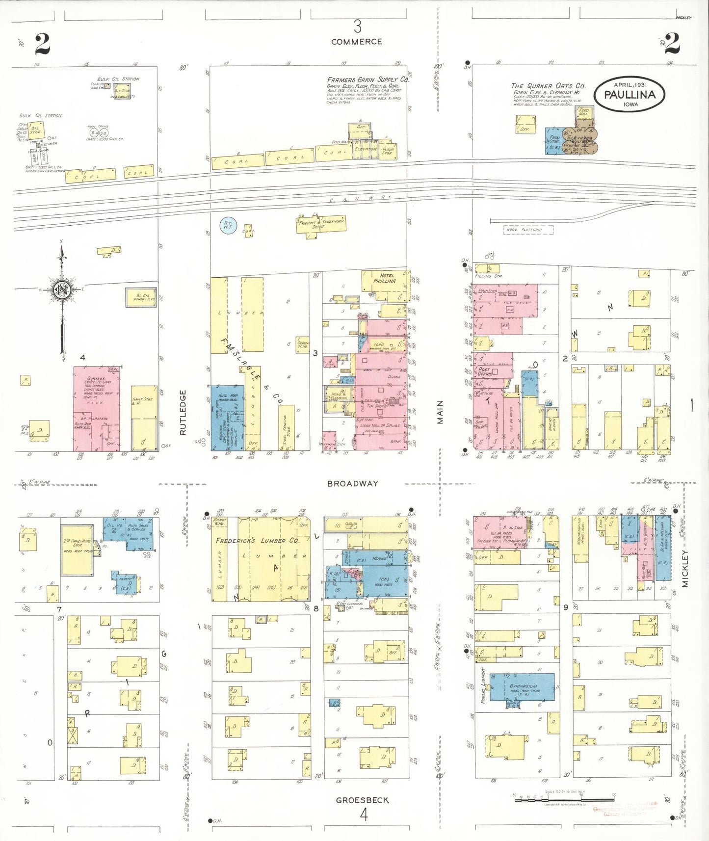 Sanborn Fire Insurance Map from Paullina, O'Brien County, Iowa (1931), Sheet #0002 - Historic Sanborn Fire Insurance Map Print, vintage old map wall art