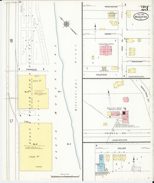 Sanborn Fire Insurance Map from Muscatine, Muscatine County, Iowa (1912), Sheet #0023 - Historic Sanborn Fire Insurance Map Print, vintage old map wall art