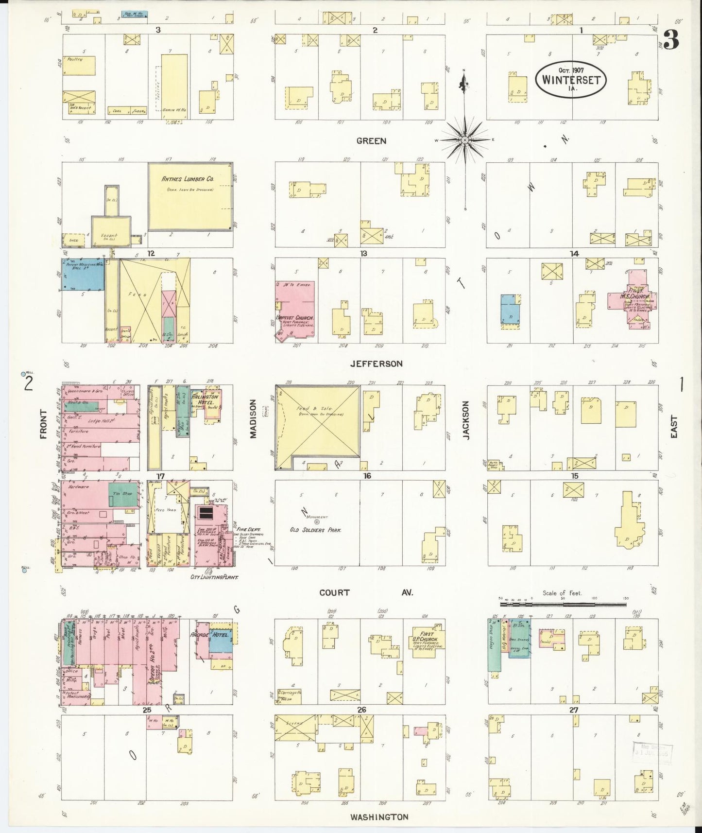 Sanborn Fire Insurance Map from Winterset, Madison County, Iowa (1907), Sheet #0003 - Historic Sanborn Fire Insurance Map Print, vintage old map wall art