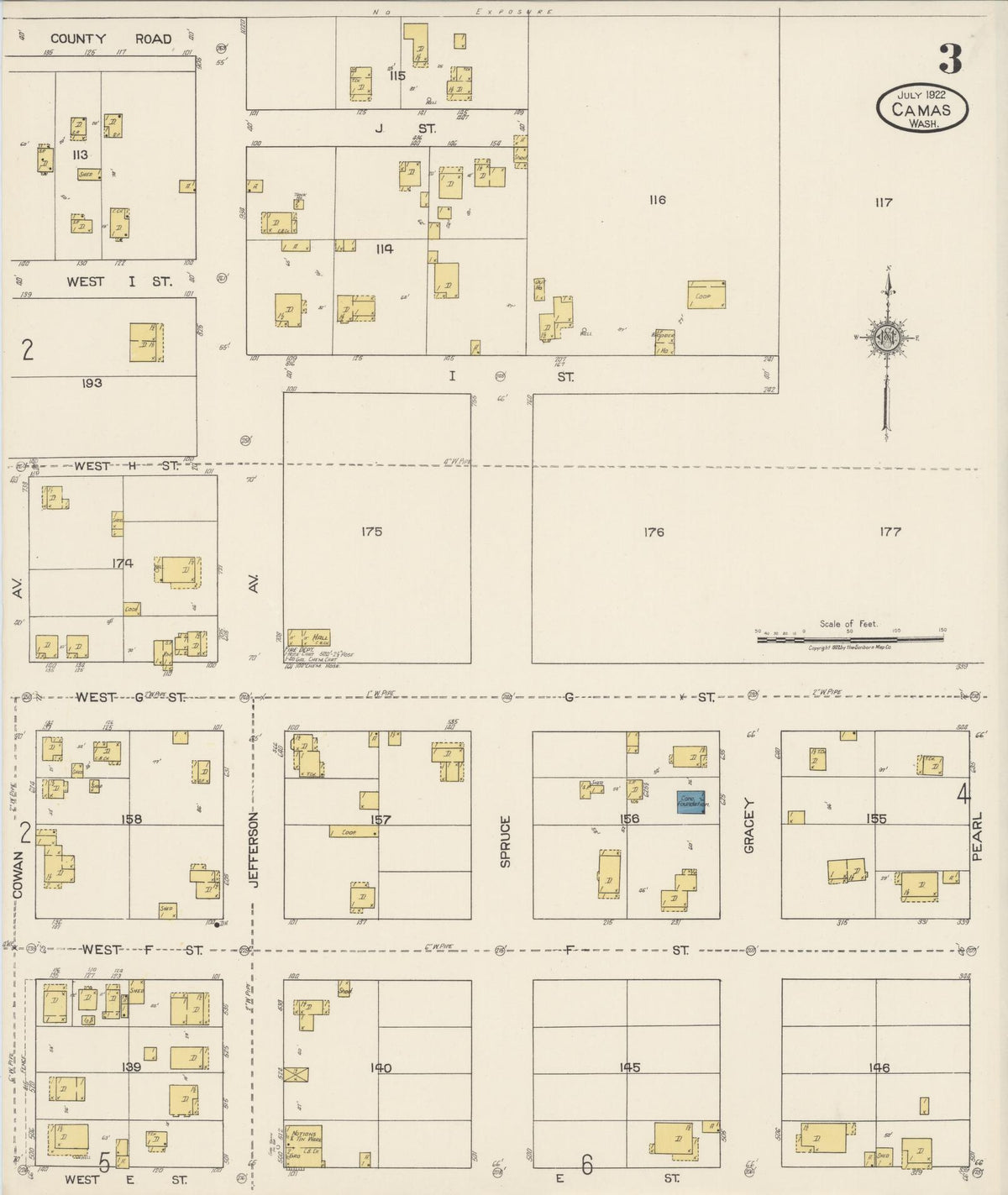 Sanborn Fire Insurance Map from Camas, Clark County, Washington (1922), Sheet #0003 - Historic Sanborn Fire Insurance Map Print, vintage old map wall art, antique decor, genealogy gift, Washington Washington map