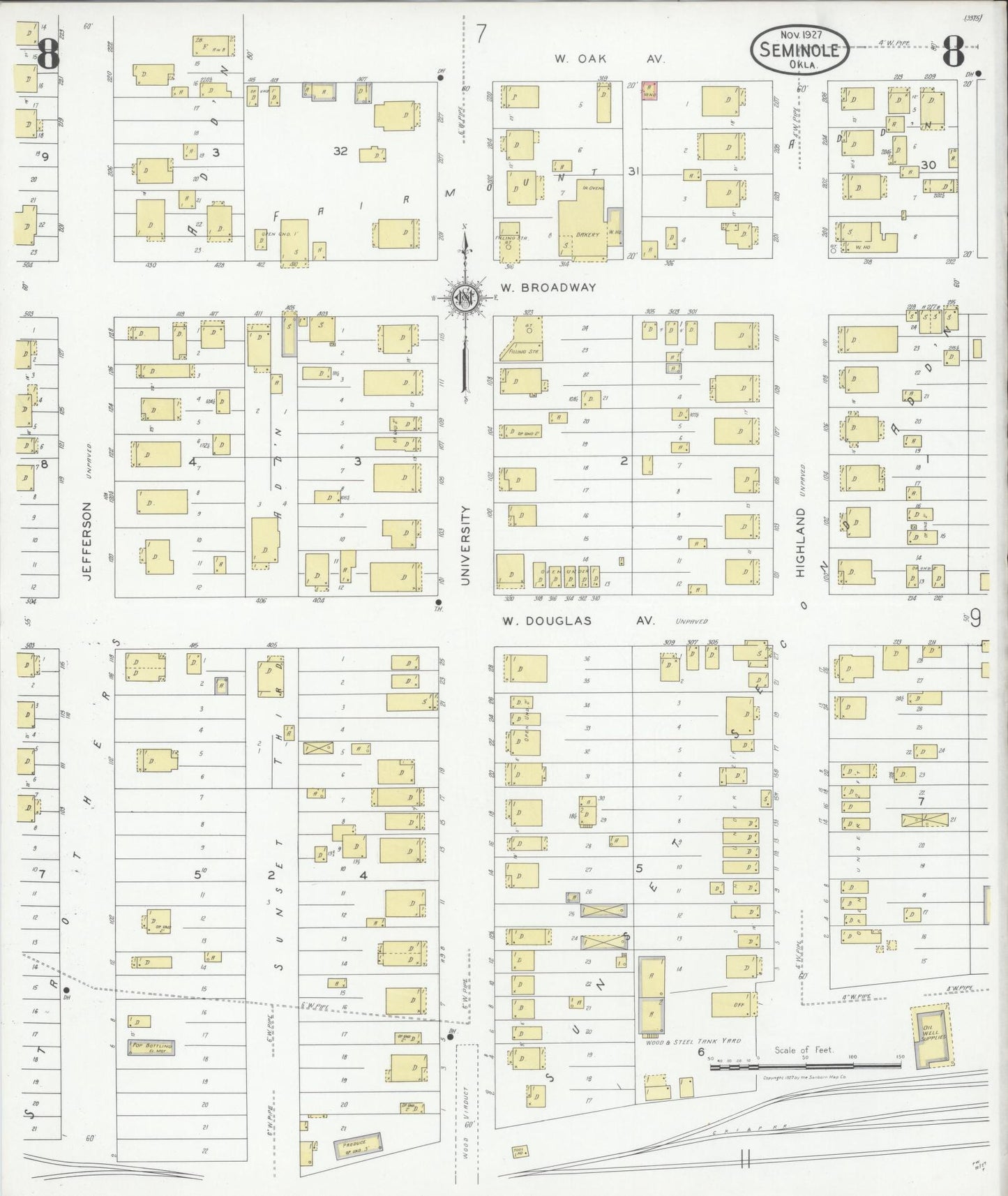 Sanborn Fire Insurance Map from Seminole, Seminole County, Oklahoma (1927), Sheet #0008 - Complete Map Set gallery image, historic Sanborn map, vintage wall art, Oklahoma Oklahoma