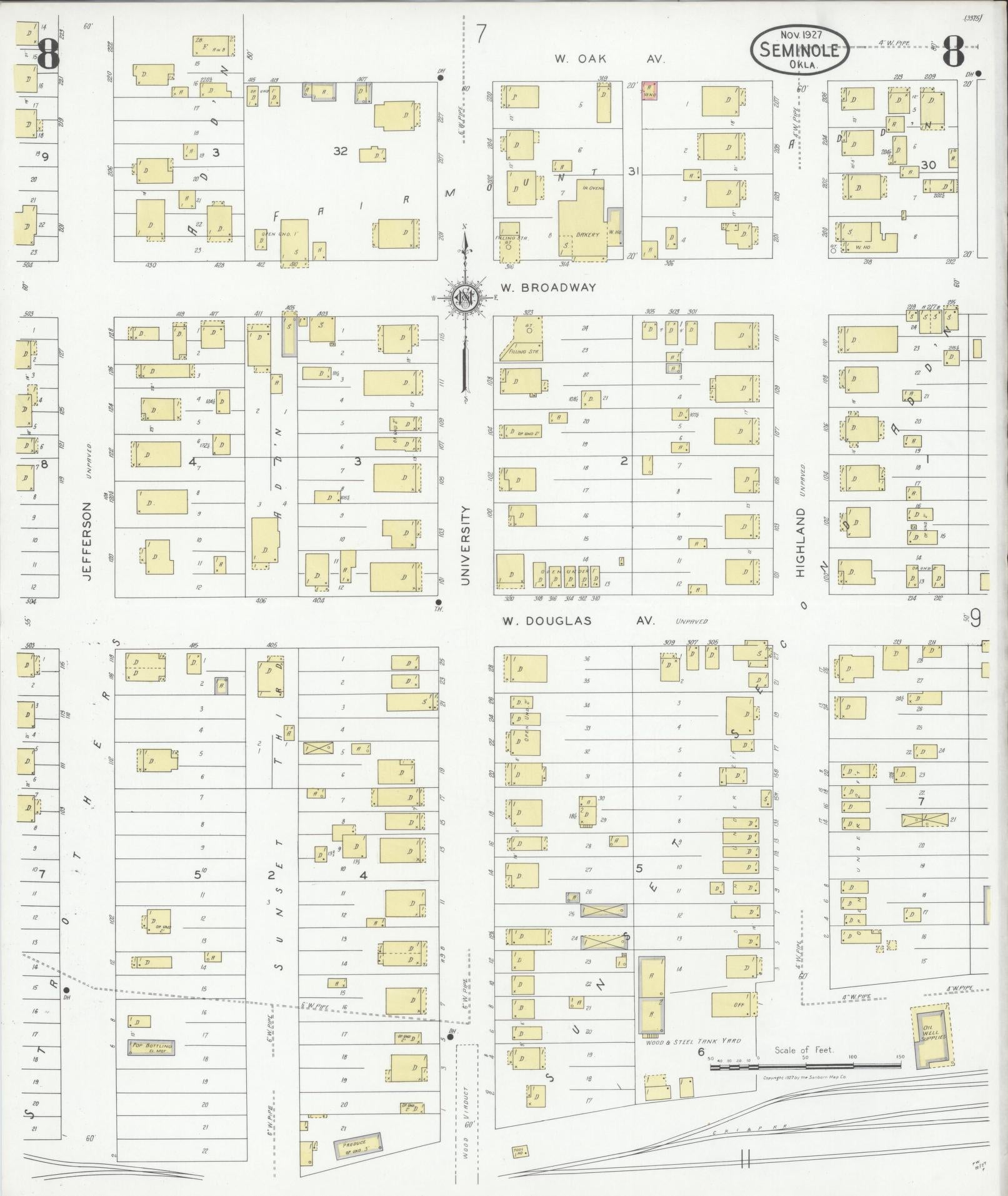 Sanborn Fire Insurance Map from Seminole, Seminole County, Oklahoma (1927), Sheet #0008 - Complete Map Set gallery image, historic Sanborn map, vintage wall art, Oklahoma Oklahoma