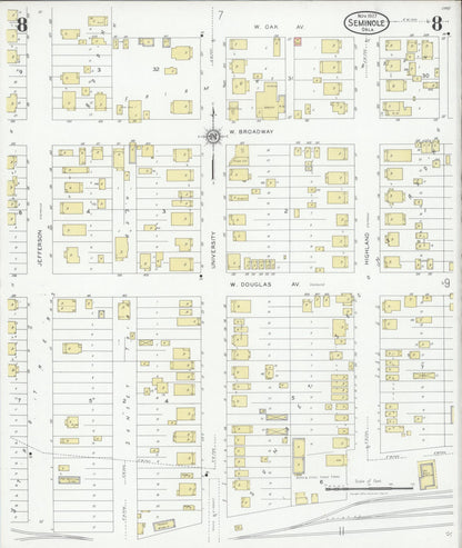Sanborn Fire Insurance Map from Seminole, Seminole County, Oklahoma (1927), Sheet #0008 - Complete Map Set gallery image, historic Sanborn map, vintage wall art, Oklahoma Oklahoma