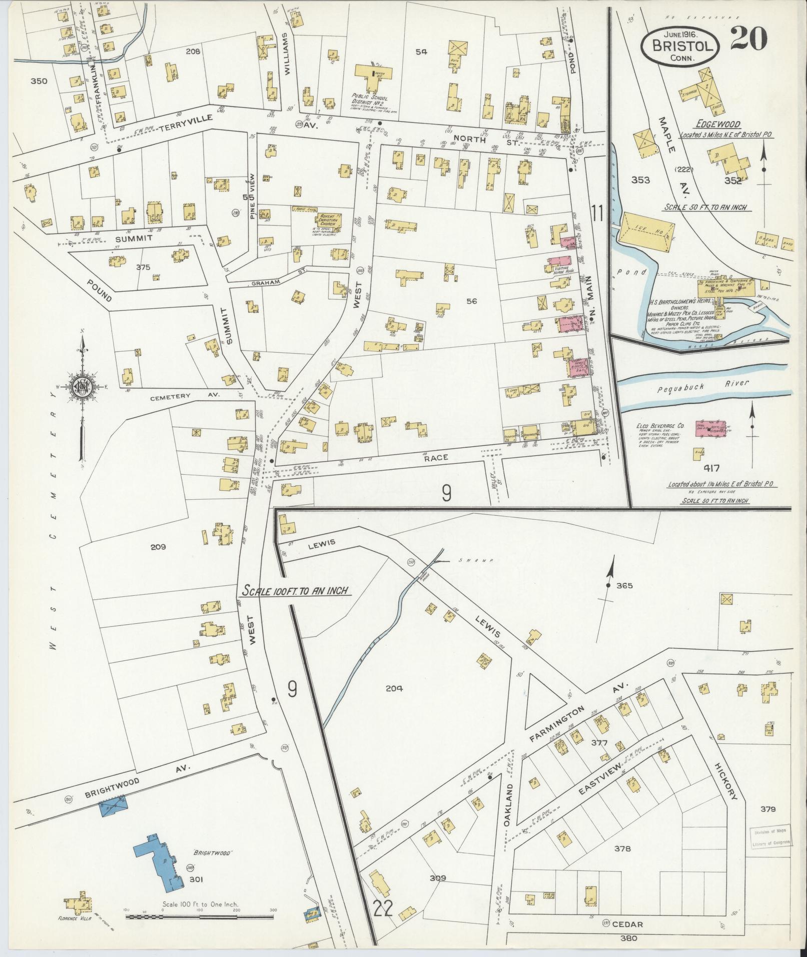 Sanborn Fire Insurance Map from Bristol, Hartford County, Connecticut (1916), Sheet #0020 - Historic Sanborn Fire Insurance Map Print, vintage old map wall art, antique decor, genealogy gift, Connecticut Connecticut map
