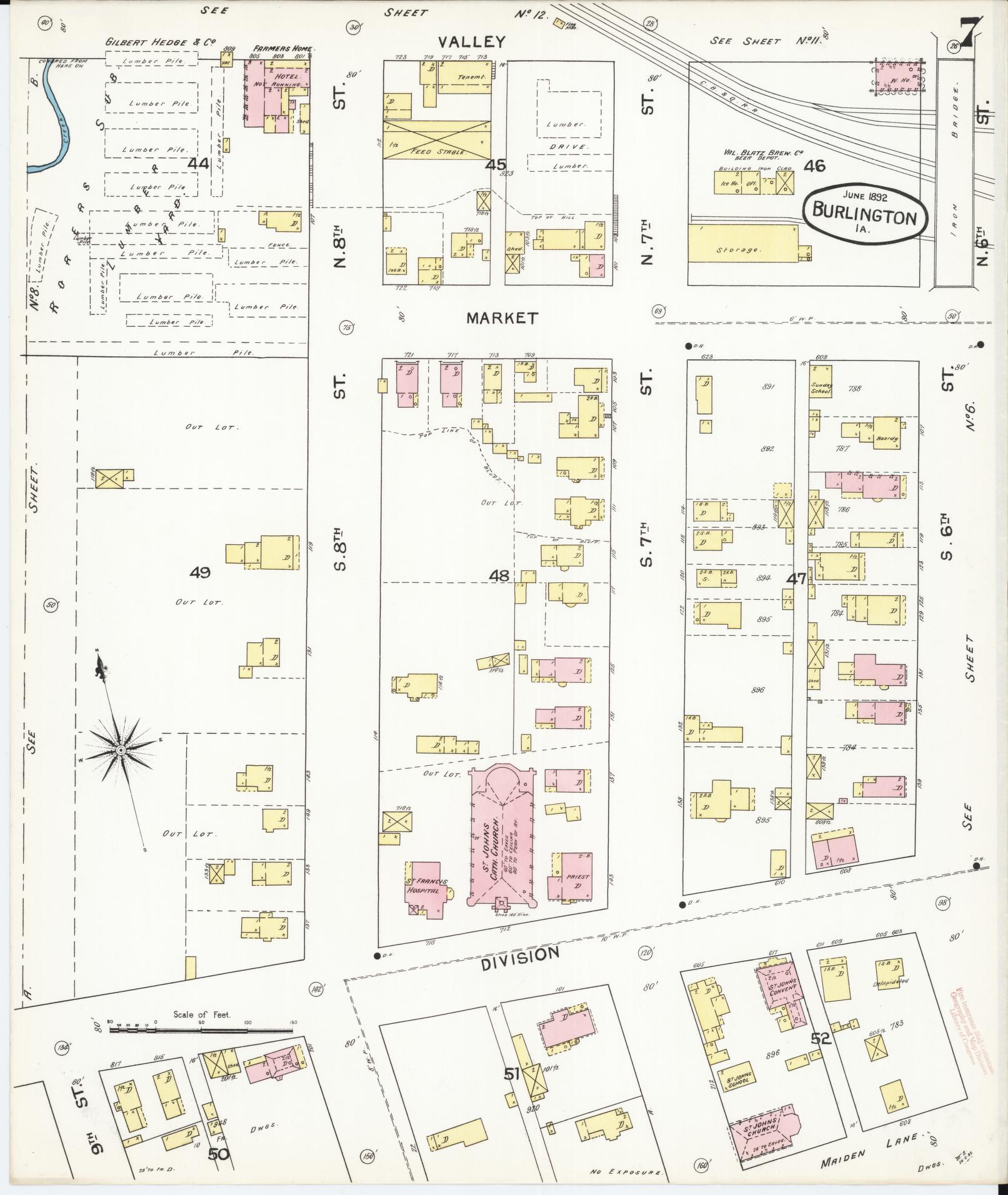 Sanborn Fire Insurance Map from Burlington, Des Moines County, Iowa (1892), Sheet #0007 - Historic Sanborn Fire Insurance Map Print, vintage old map wall art