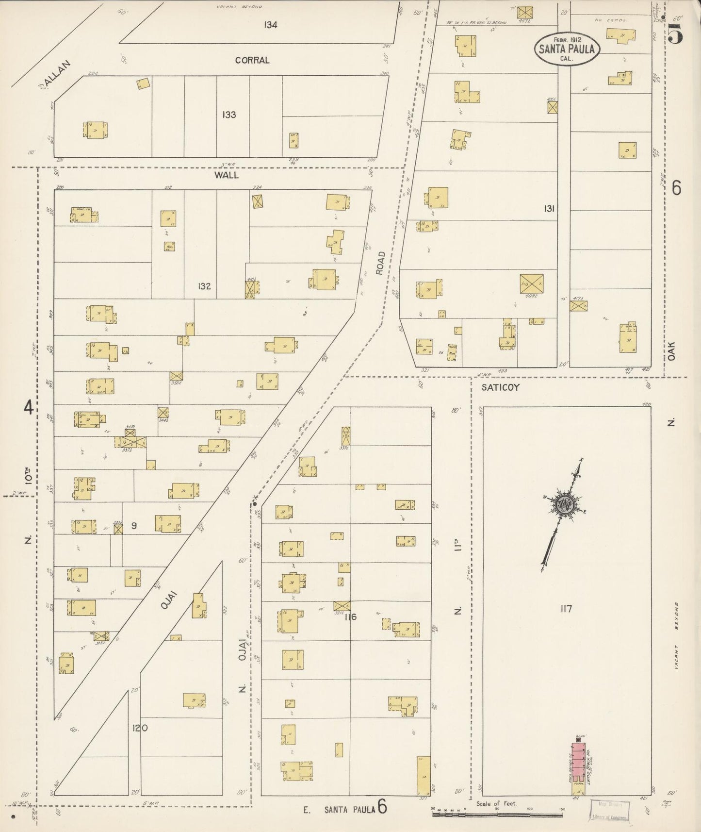 Sanborn Fire Insurance Map from Santa Paula, Ventura County, California (1912), Sheet #0005 - Complete Map Set gallery image, historic Sanborn map, vintage wall art, California California
