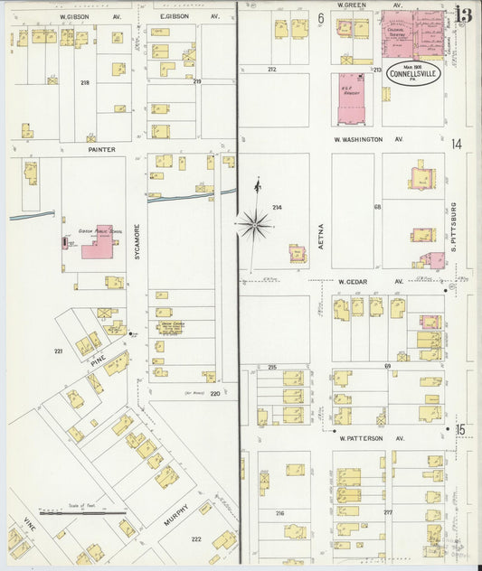 Sanborn Fire Insurance Map from Connellsville, Fayette County, Pennsylvania (1908), Sheet #0013 - Historic Sanborn Fire Insurance Map Print, vintage old map wall art, antique decor, genealogy gift, Pennsylvania Pennsylvania map