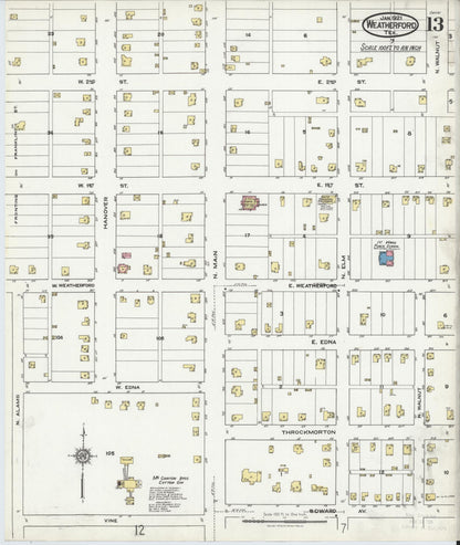 Sanborn Fire Insurance Map from Weatherford, Parker County, Texas (1921), Sheet #0013 - Complete Map Set gallery image, historic Sanborn map, vintage wall art, Texas Texas