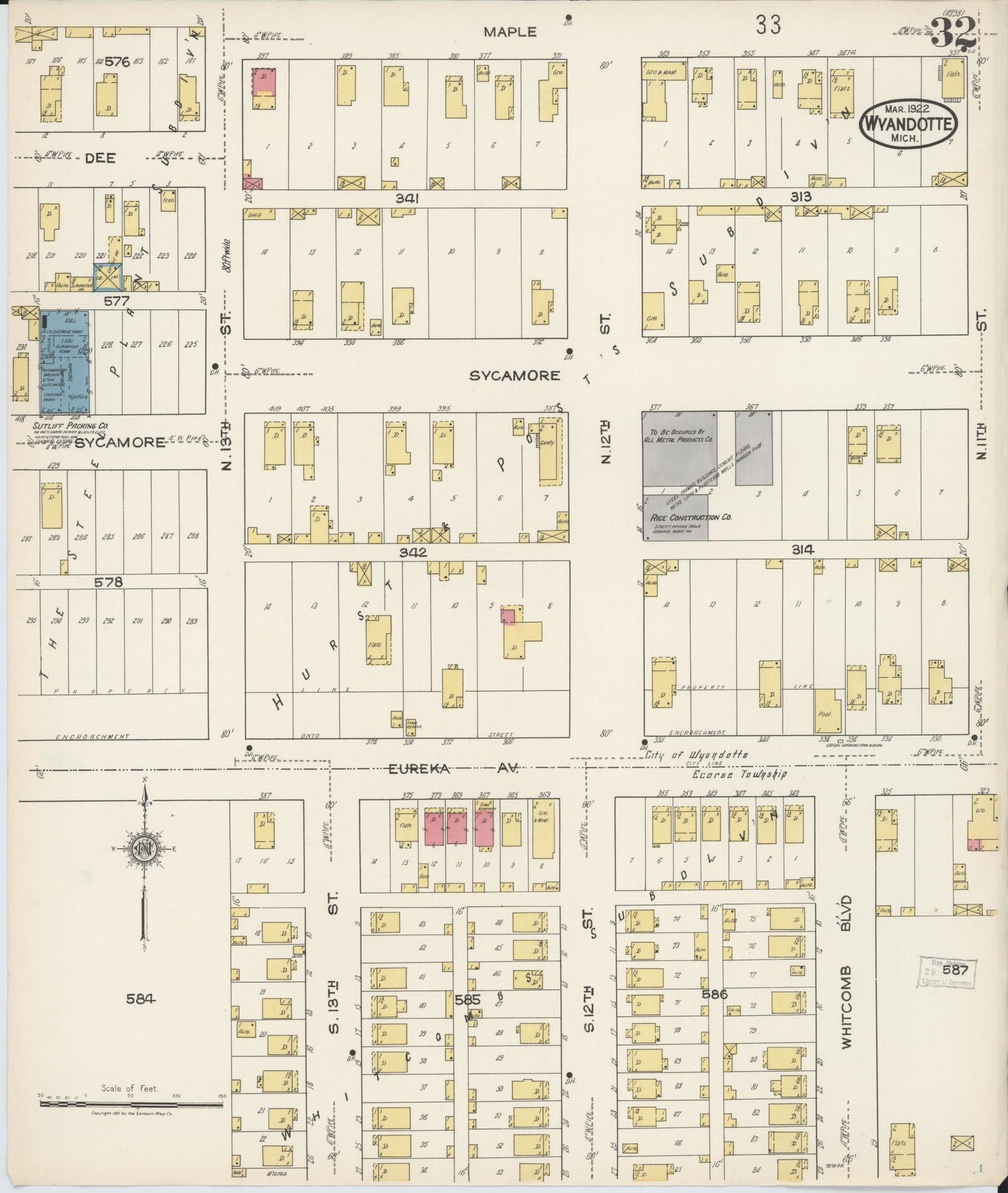 Sanborn Fire Insurance Map from Wyandotte, Wayne County, Michigan (1922), Sheet #0032 - Historic Sanborn Fire Insurance Map Print, vintage old map wall art, antique decor, genealogy gift, Michigan Michigan map