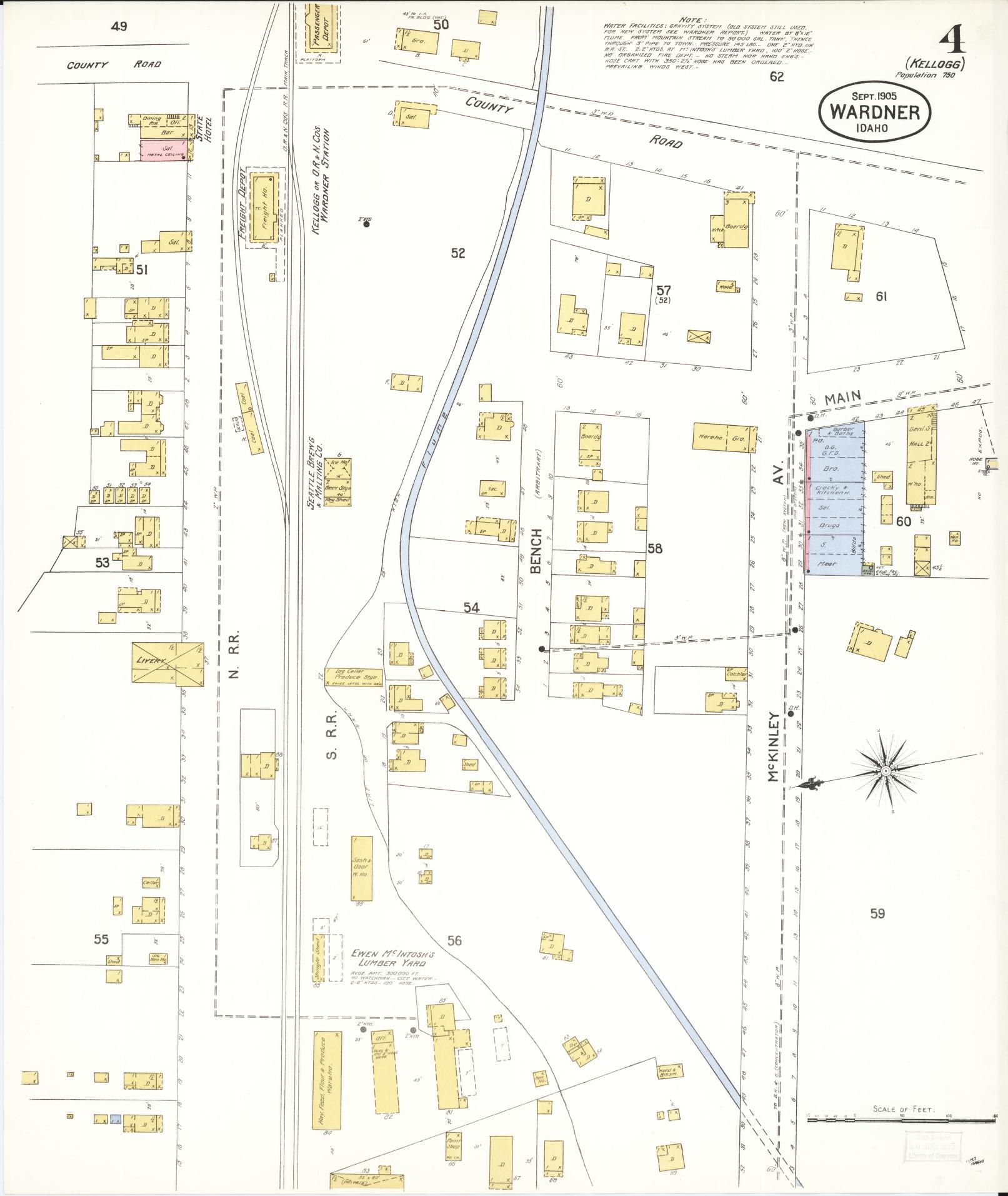 Sanborn Fire Insurance Map from Wardner, Shoshone County, Idaho (1905), Sheet #0004 - Complete Map Set gallery image, historic Sanborn map, vintage wall art, Idaho Idaho
