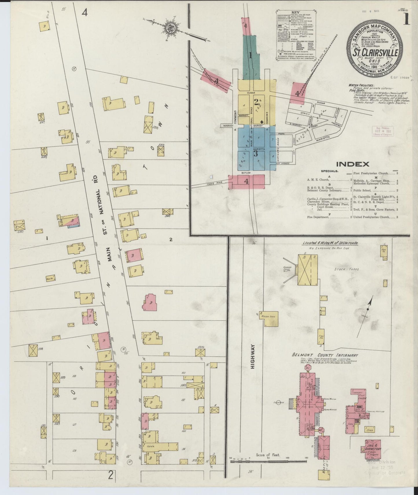 Sanborn Fire Insurance Map from Saint Clairsville, Belmont County, Ohio (1911), Sheet #0001 - Complete Map Set gallery image, historic Sanborn map, vintage wall art, Ohio Ohio