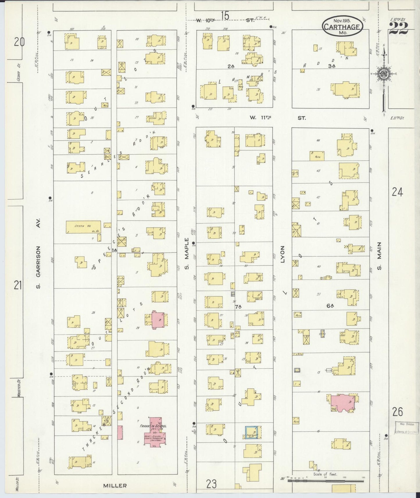 Sanborn Fire Insurance Map from Carthage, Jasper County, Missouri (1915), Sheet #0022 - Historic Sanborn Fire Insurance Map Print, vintage old map wall art, antique decor, genealogy gift, Missouri Missouri map
