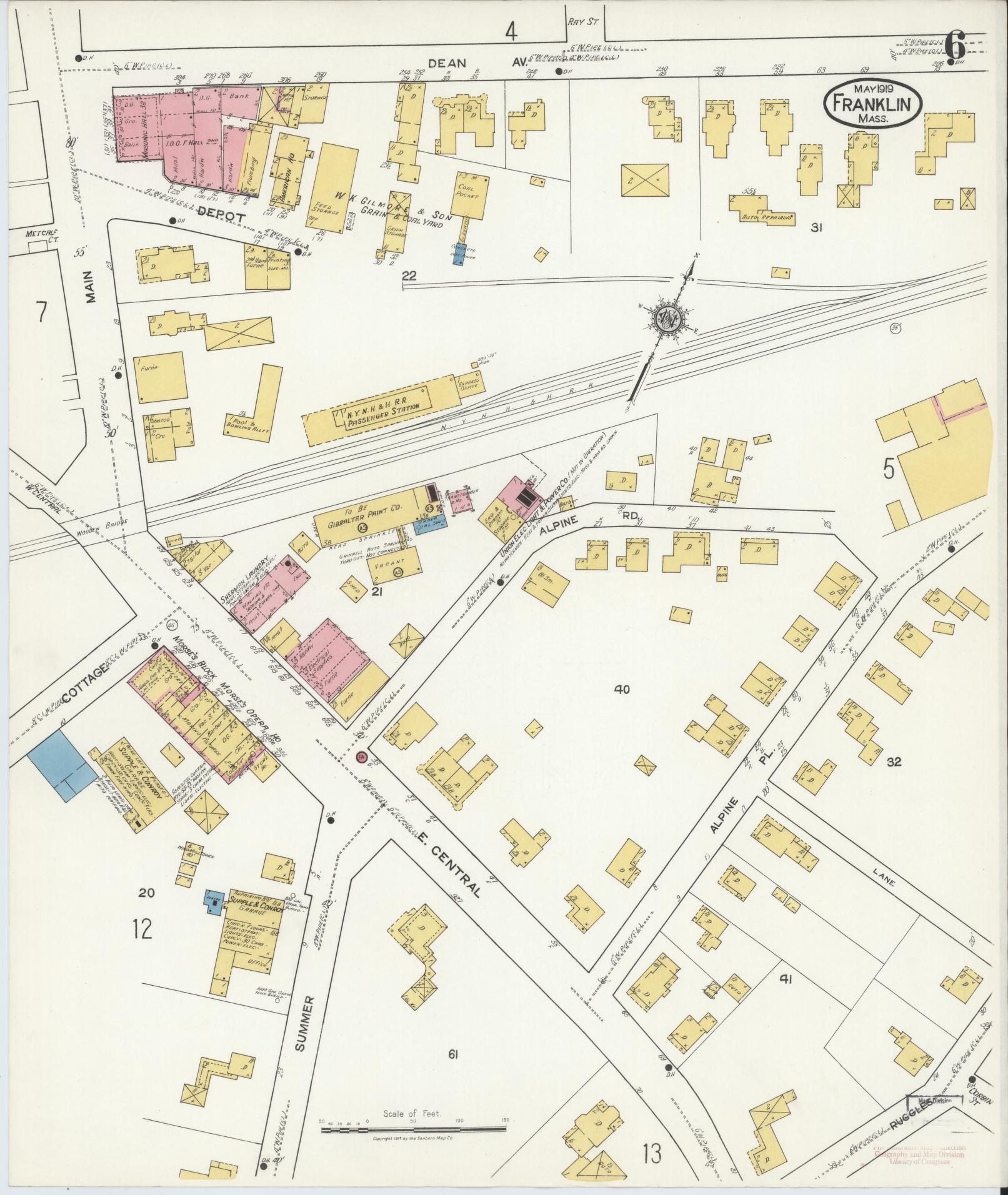 Sanborn Fire Insurance Map from Franklin, Norfolk County, Massachusetts (1919), Sheet #0006 - Historic Sanborn Fire Insurance Map Print, vintage old map wall art, antique decor, genealogy gift, Massachusetts Massachusetts map