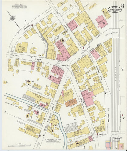 Sanborn Fire Insurance Map from Attleboro, Bristol County, Massachusetts (1911), Sheet #0008 - Complete Map Set gallery image, historic Sanborn map, vintage wall art, Massachusetts Massachusetts