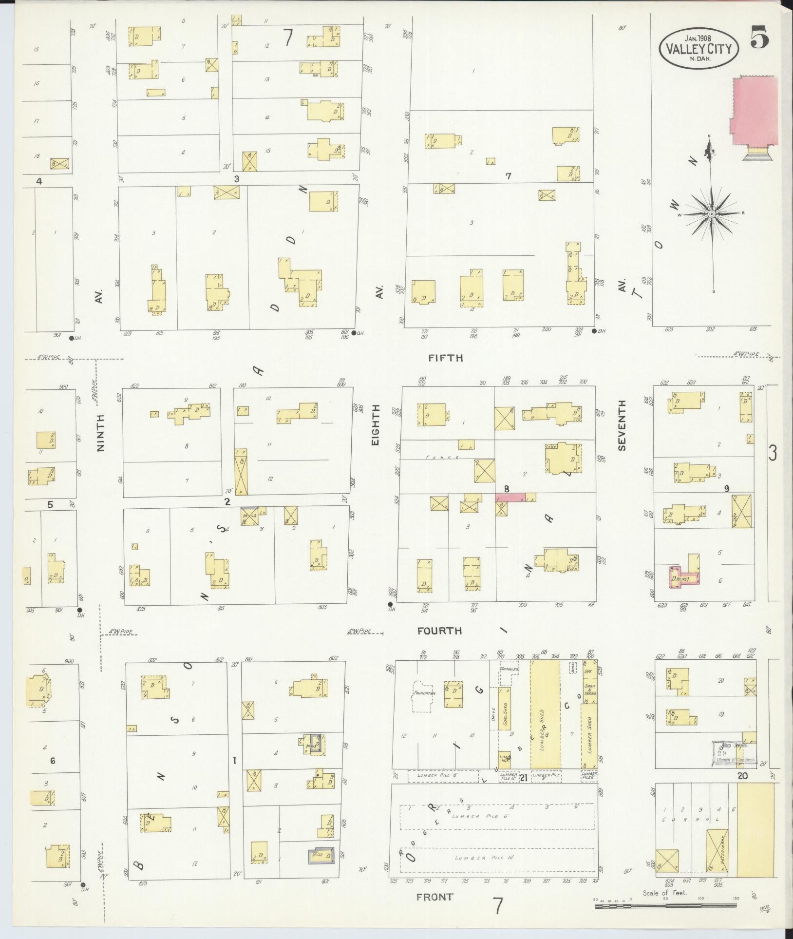Sanborn Fire Insurance Map from Valley City, Barnes County, North Dakota (1908), Sheet #0005 - Complete Map Set gallery image, historic Sanborn map, vintage wall art, North Dakota North Dakota