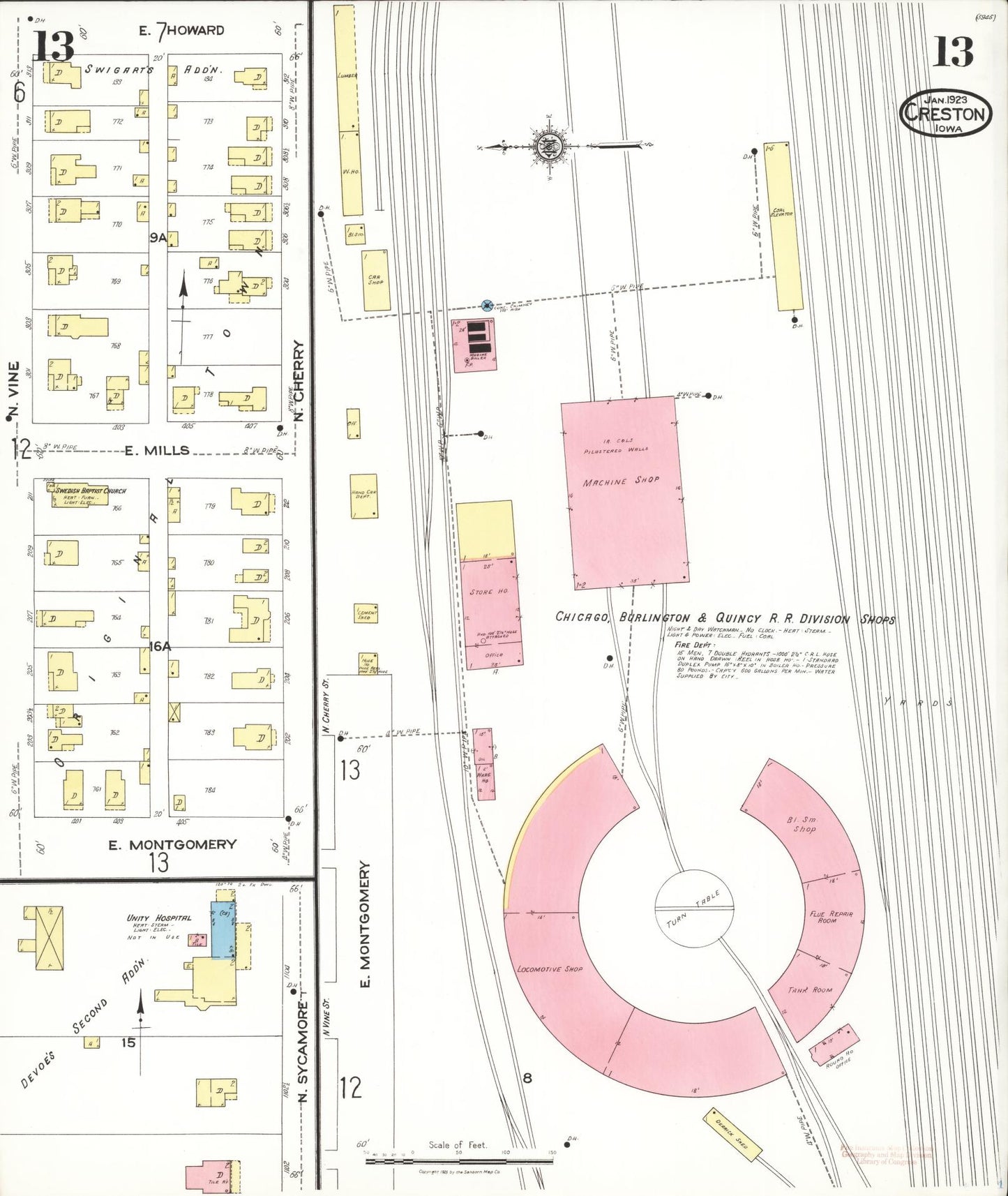 Sanborn Fire Insurance Map from Creston, Union County, Iowa (1923), Sheet #0013 - Historic Sanborn Fire Insurance Map Print, vintage old map wall art