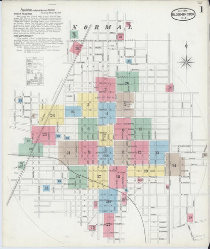 Sanborn Fire Insurance Map from Bloomington, McLean County, Illinois (1896), Sheet #0001 - Historic Sanborn Fire Insurance Map Print, vintage old map wall art, antique decor, genealogy gift, Illinois Illinois map