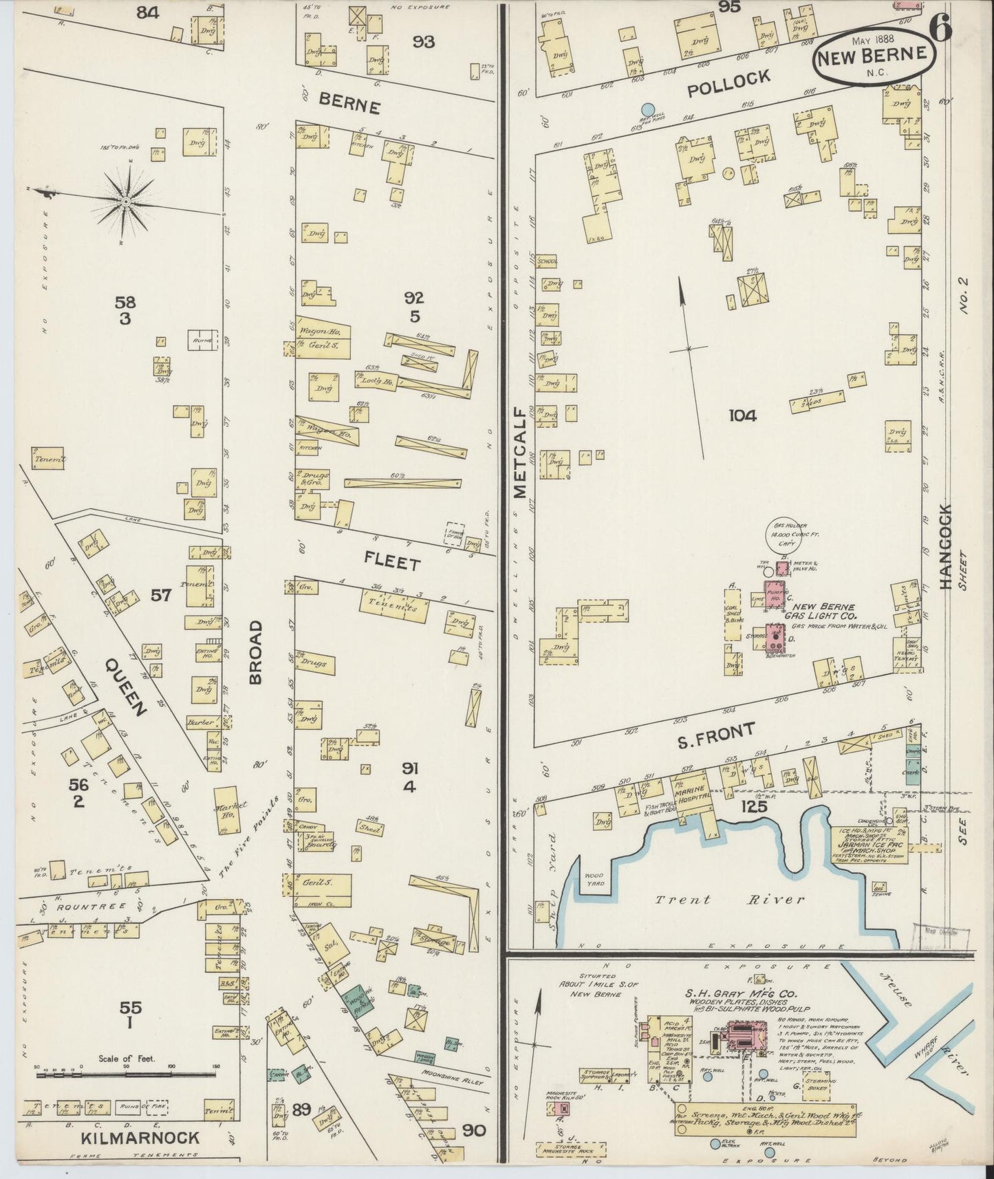Sanborn Fire Insurance Map from New Bern, Craven County, North Carolina (1888), Sheet #0006 - Complete Map Set gallery image, historic Sanborn map, vintage wall art, North Carolina North Carolina