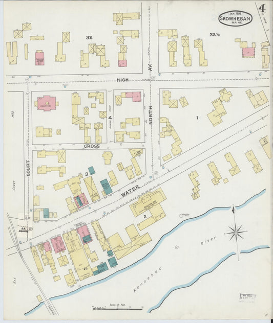 Sanborn Fire Insurance Map from Skowhegan, Somerset County, Maine (1892), Sheet #0004 - Historic Sanborn Fire Insurance Map Print, vintage old map wall art, antique decor, genealogy gift, Maine Maine map