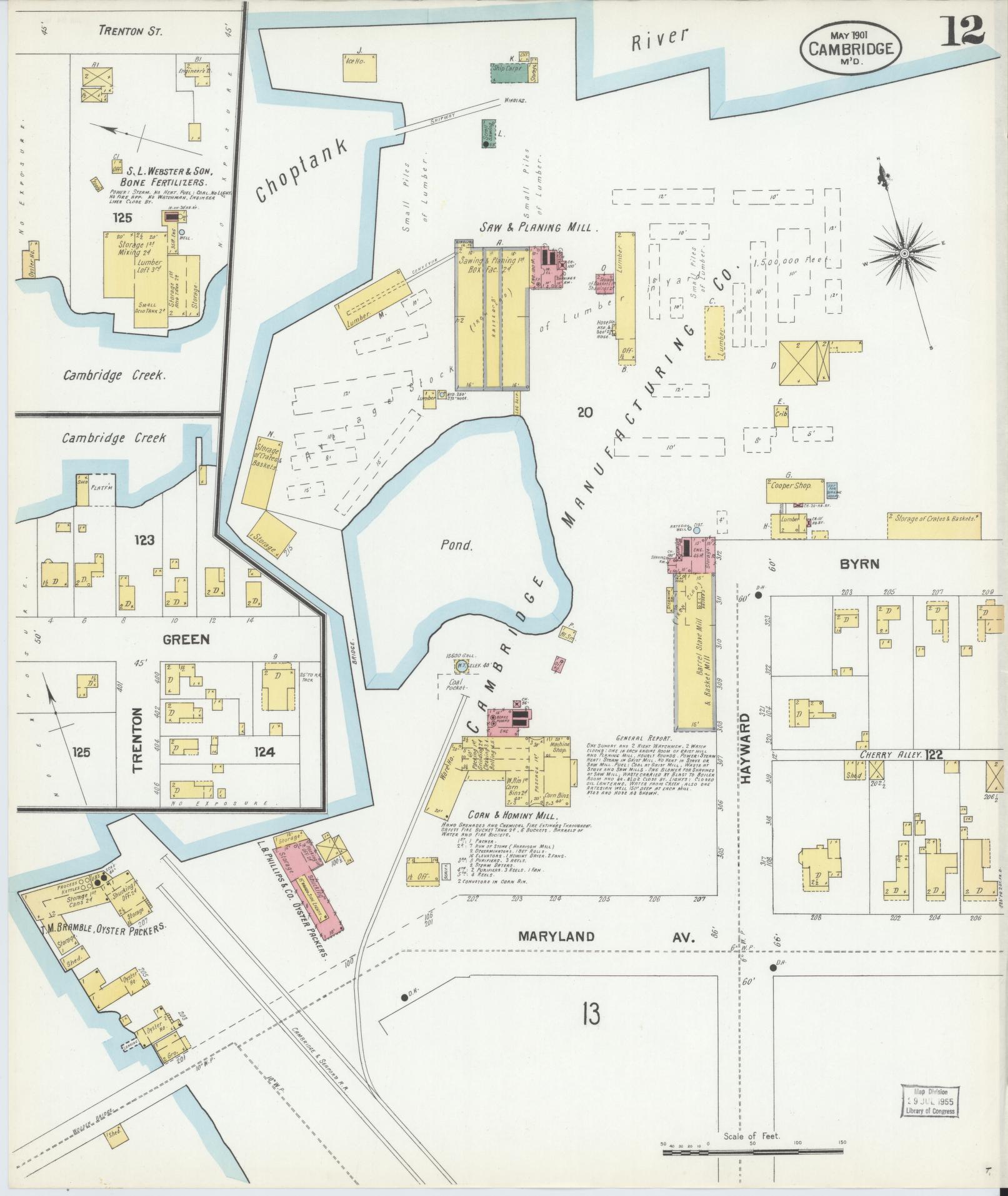 Dorchester, Maryland - 1901 - Sanborn Fire Insurance Map, Sheet #0012 - Historic Sanborn Fire Insurance Map Print, Dorchester Maryland 1901 0012 vintage old map wall art