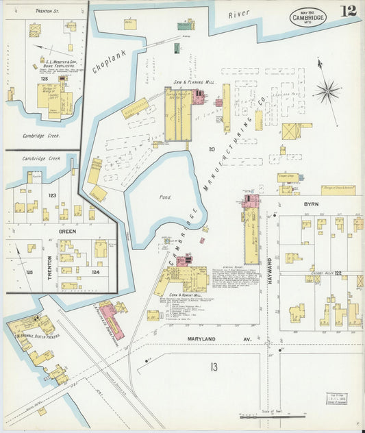 Dorchester, Maryland - 1901 - Sanborn Fire Insurance Map, Sheet #0012 - Historic Sanborn Fire Insurance Map Print, Dorchester Maryland 1901 0012 vintage old map wall art