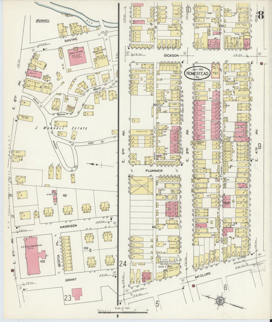 Sanborn Fire Insurance Map from Homestead, Allegheny County, Pennsylvania (1913), Sheet #0008 - Historic Sanborn Fire Insurance Map Print, vintage old map wall art, antique decor, genealogy gift, Pennsylvania Pennsylvania map