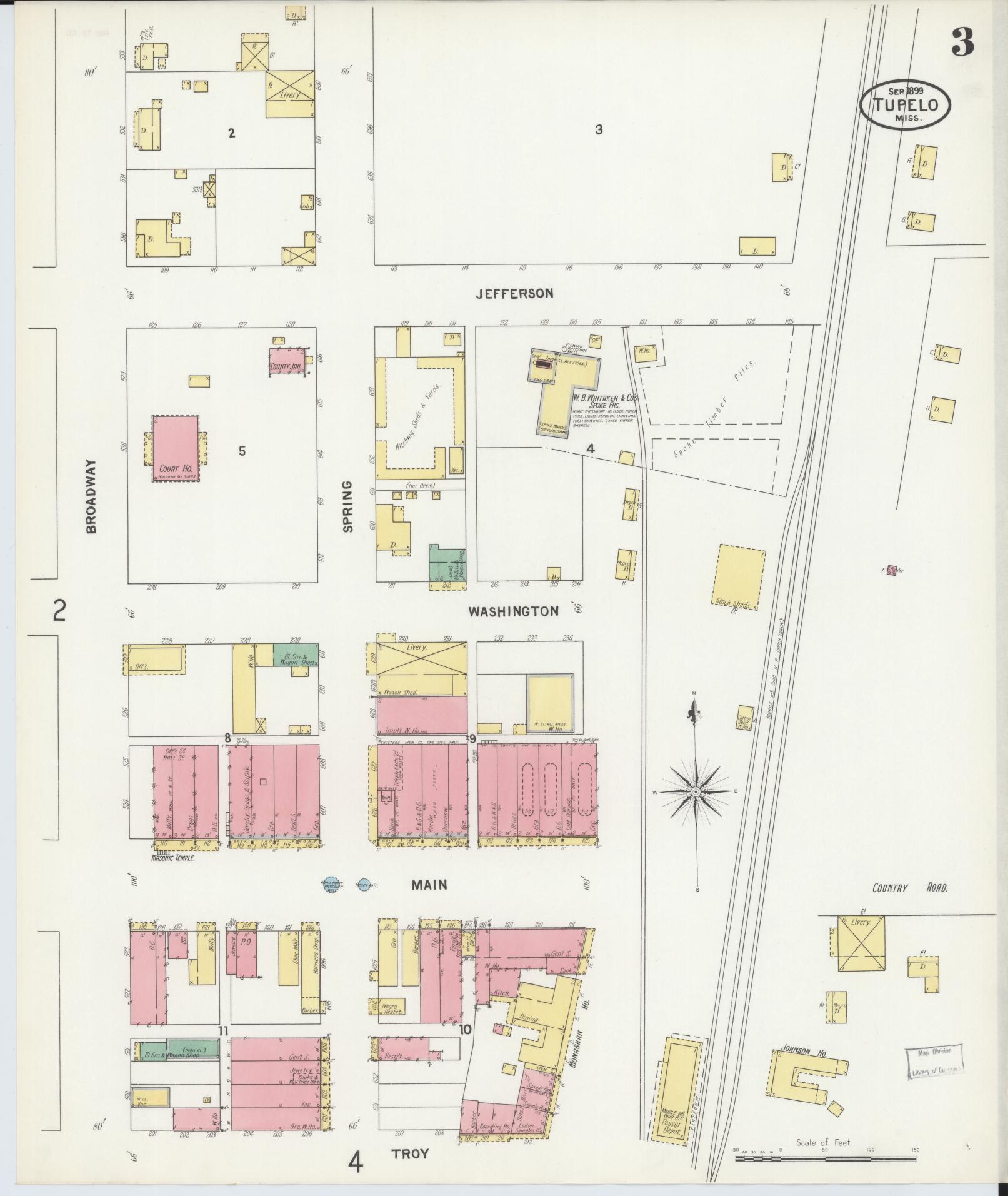 Sanborn Fire Insurance Map from Tupelo, Lee County, Mississippi (1899), Sheet #0003 - Complete Map Set gallery image, historic Sanborn map, vintage wall art, Mississippi Mississippi