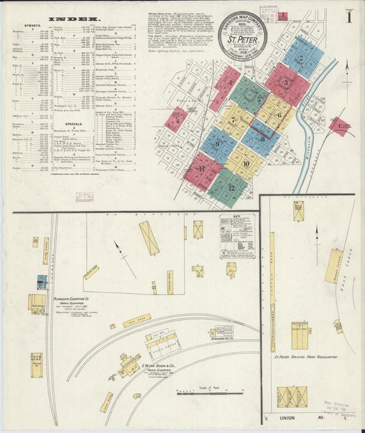 Sanborn Fire Insurance Map from Saint Peter, Nicollet County, Minnesota (1908), Sheet #0001 - Historic Sanborn Fire Insurance Map Print, vintage old map wall art, antique decor, genealogy gift, Minnesota Minnesota map