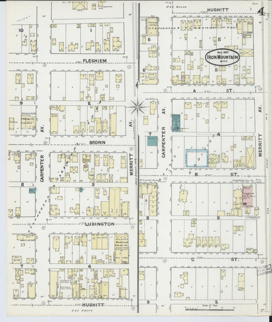 Sanborn Fire Insurance Map from Iron Mountain, Dickinson County, Michigan (1891), Sheet #0004 - Historic Sanborn Fire Insurance Map Print, vintage old map wall art, antique decor, genealogy gift, Michigan Michigan map