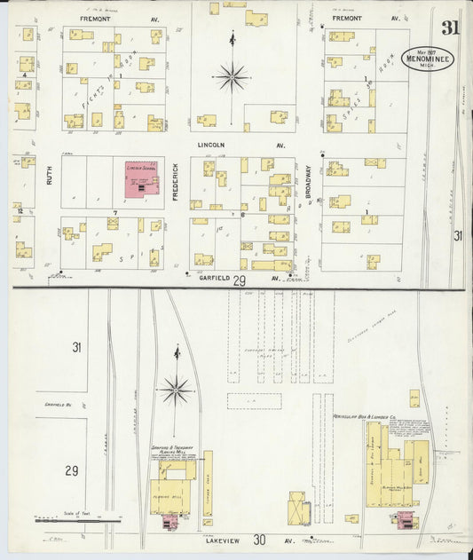Sanborn Fire Insurance Map from Menominee, Menominee County, Michigan (1907), Sheet #0031 - Historic Sanborn Fire Insurance Map Print, vintage old map wall art, antique decor, genealogy gift, Michigan Michigan map