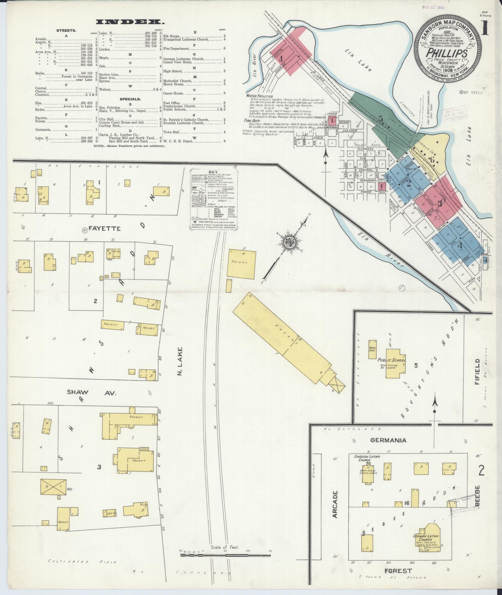 Sanborn Fire Insurance Map from Phillips, Price County, Wisconsin (1909), Sheet #0001 - Complete Map Set gallery image, historic Sanborn map, vintage wall art, Wisconsin Wisconsin