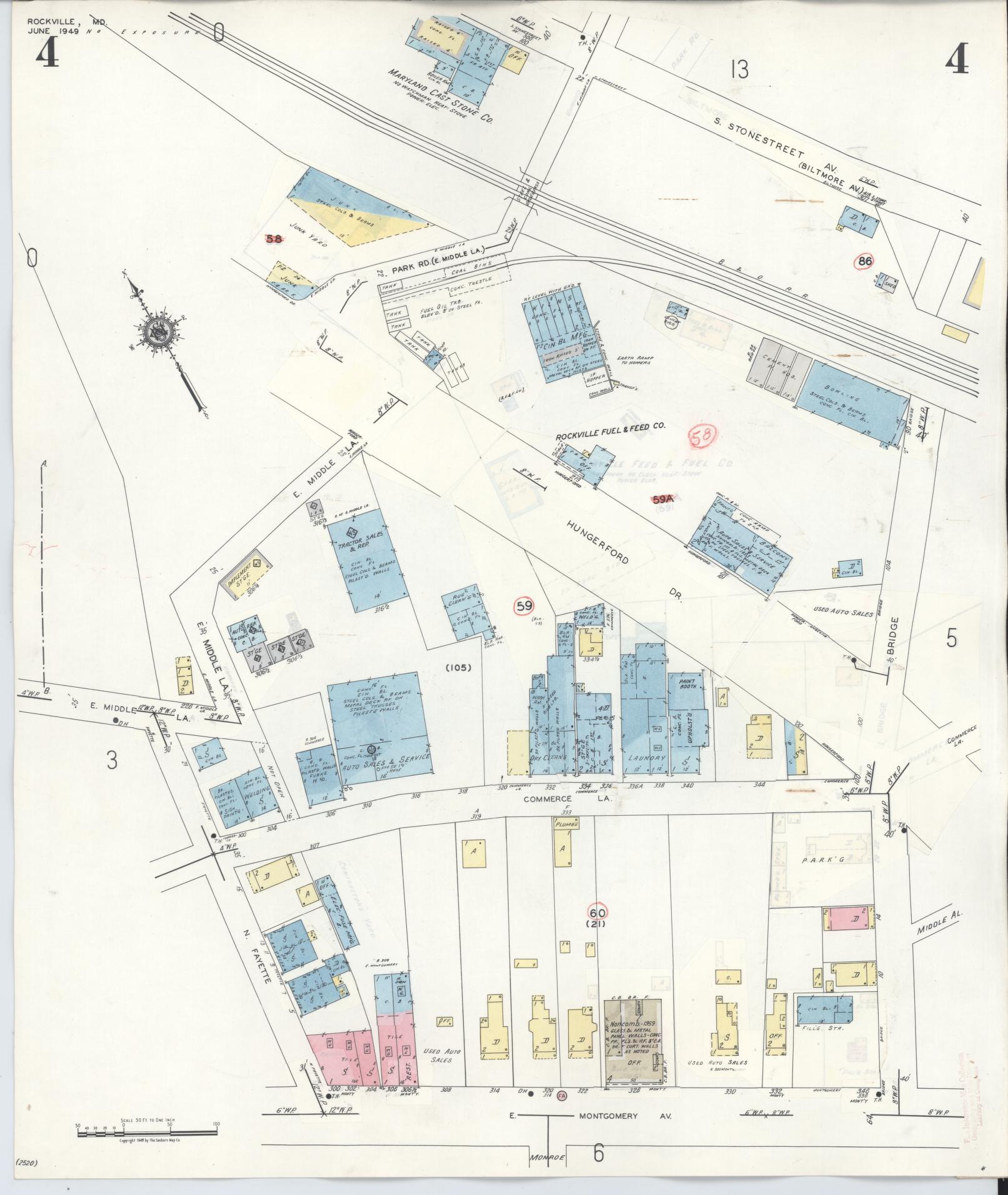 Sanborn Fire Insurance Map from Rockville, Montgomery County, Maryland (1960), Sheet #0004 - Historic Sanborn Fire Insurance Map Print, vintage old map wall art