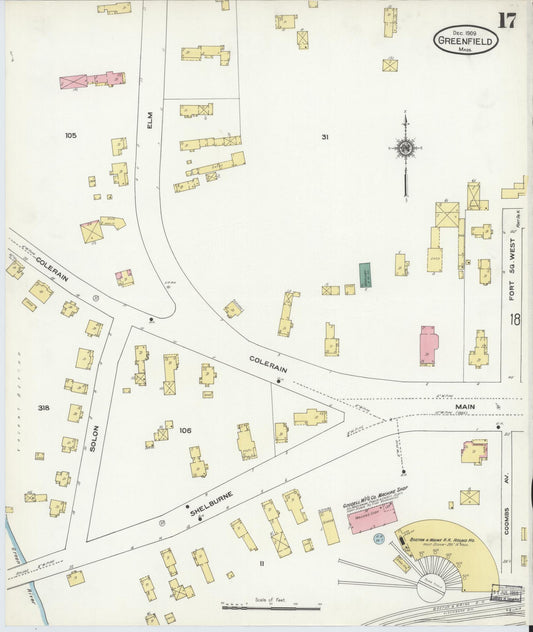 Sanborn Fire Insurance Map from Greenfield, Franklin County, Massachusetts (1909), Sheet #0017 - Historic Sanborn Fire Insurance Map Print, vintage old map wall art, antique decor, genealogy gift, Massachusetts Massachusetts map