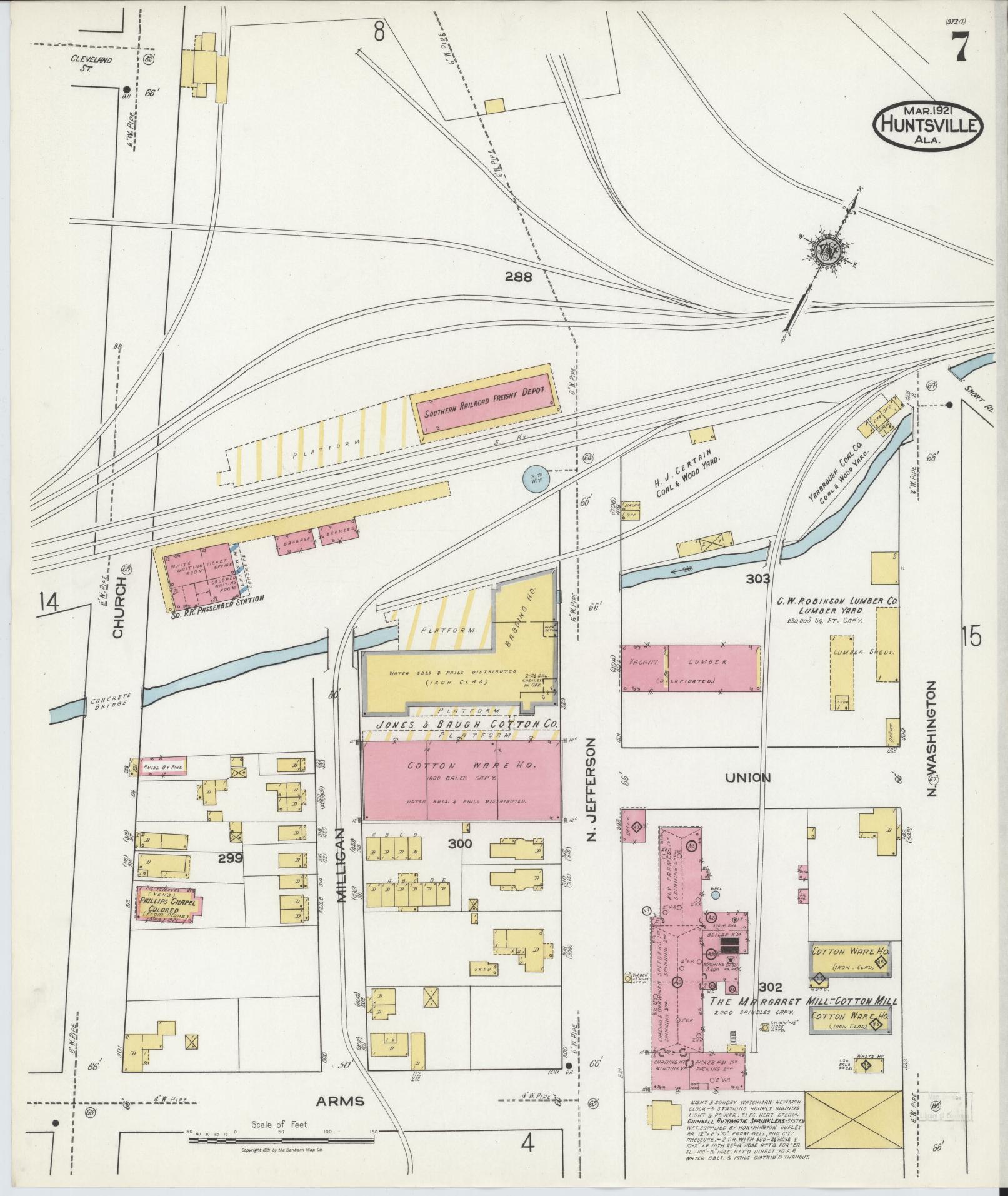 Sanborn Fire Insurance Map from Huntsville, Madison County, Alabama (1921), Sheet #0007 - Complete Map Set gallery image, historic Sanborn map, vintage wall art, Alabama Alabama