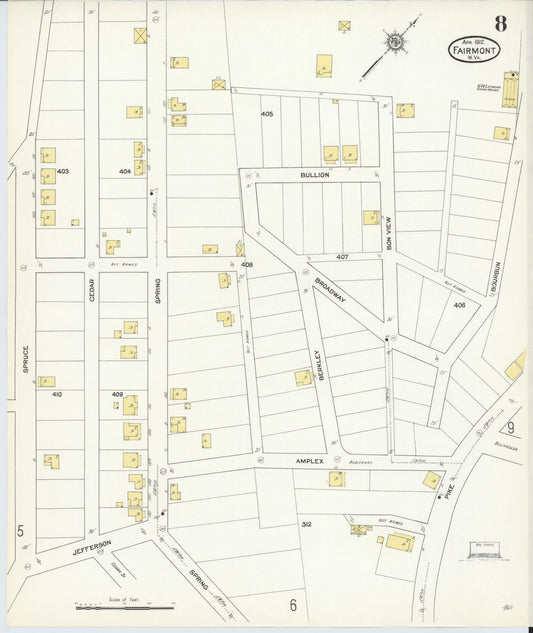 Sanborn Fire Insurance Map from Fairmont, Marion County, West Virginia (1912), Sheet #0008 - Historic Sanborn Fire Insurance Map Print, vintage old map wall art, antique decor, genealogy gift, West Virginia West Virginia map