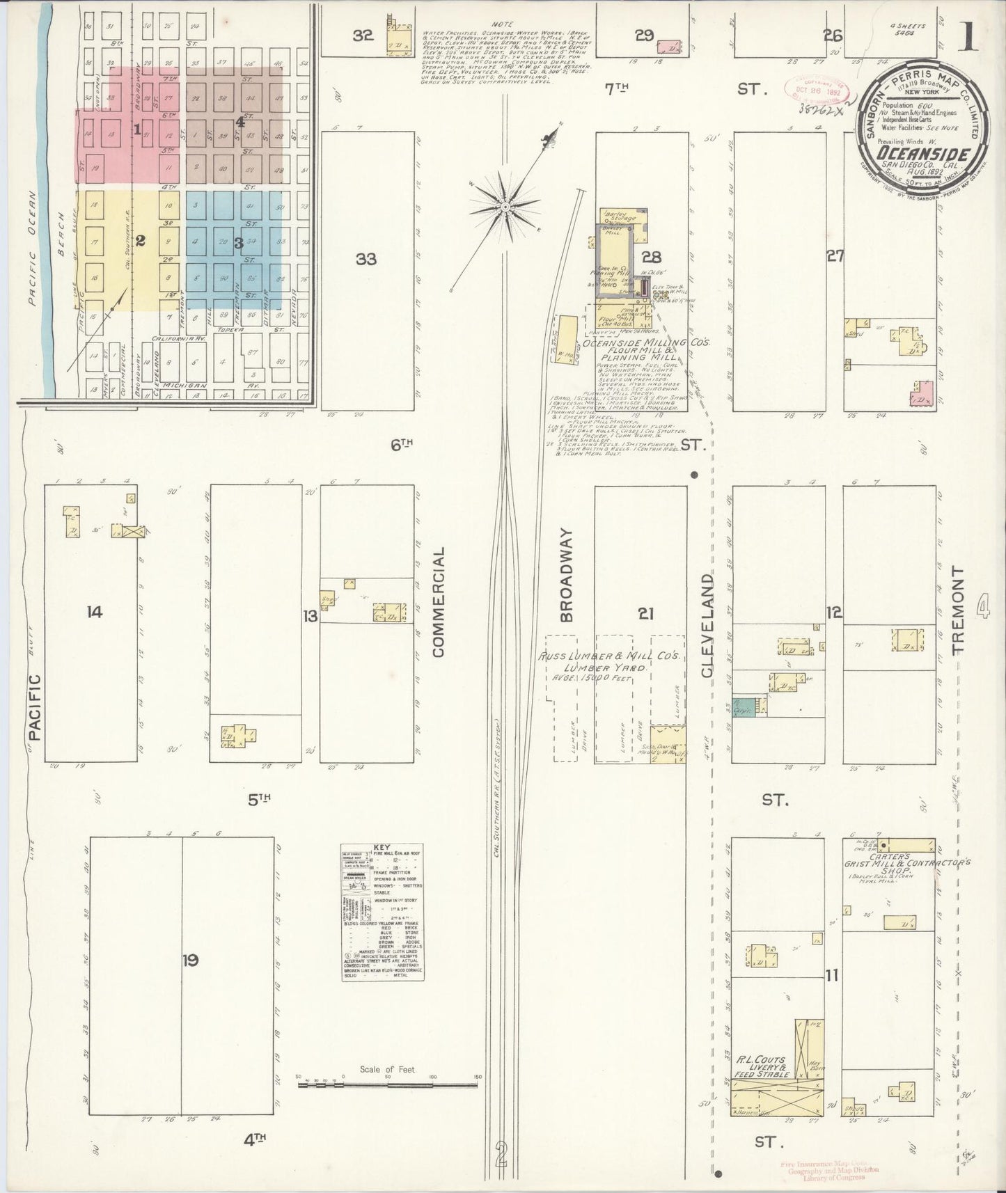 Sanborn Fire Insurance Map from Oceanside, San Diego County, California (1892), Sheet #0001 - Complete Map Set gallery image, historic Sanborn map, vintage wall art, California California