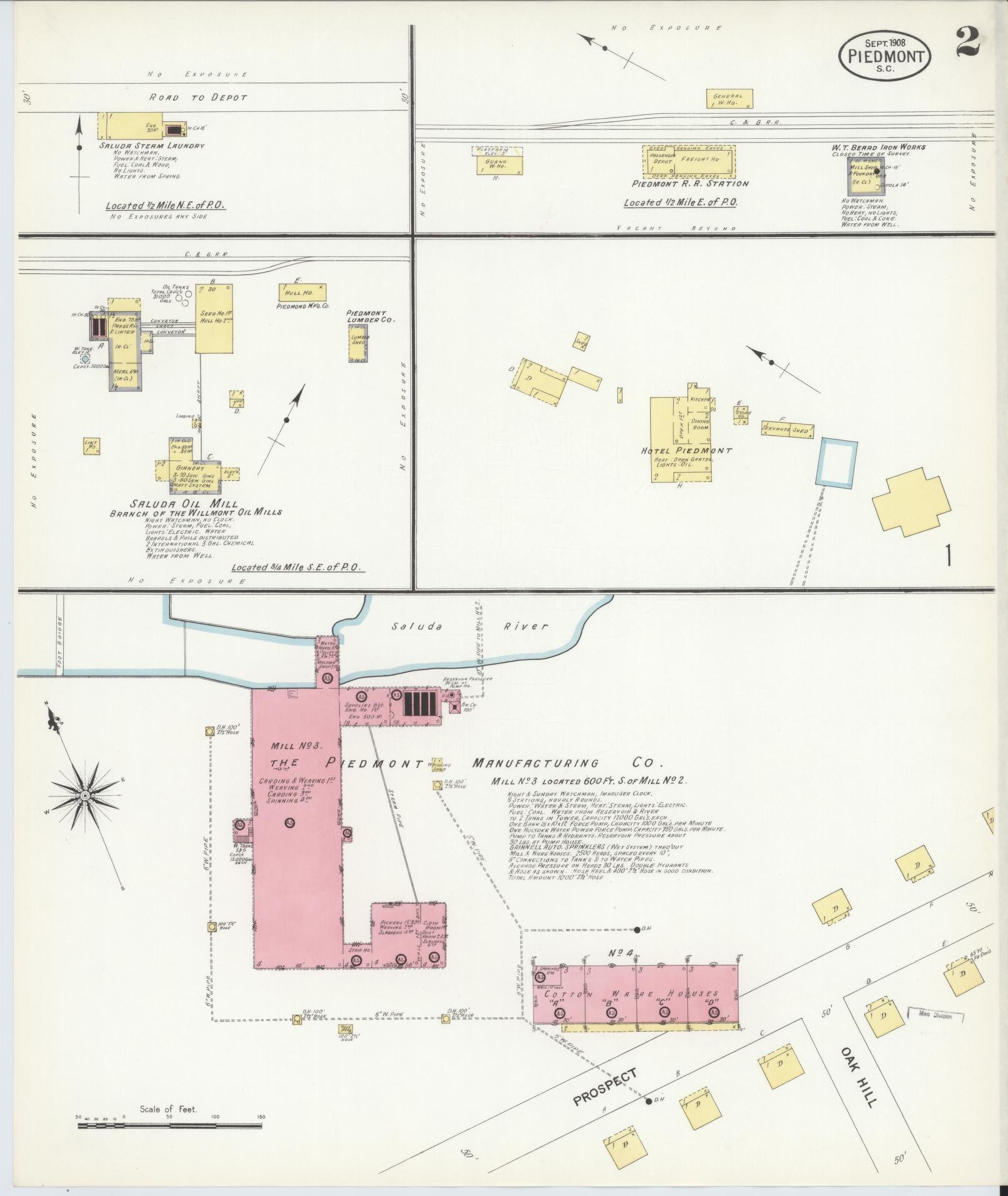 Sanborn Fire Insurance Map from Piedmont, Greenville and Anderson Counties, South Carolina (1908), Sheet #0002 - Historic Sanborn Fire Insurance Map Print, vintage old map wall art, antique decor, genealogy gift, South Carolina South Carolina map