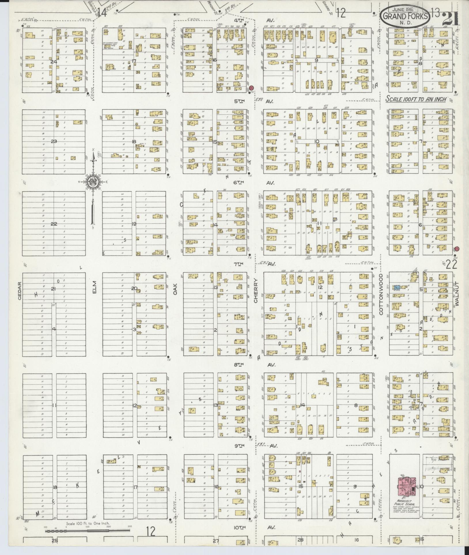 Sanborn Fire Insurance Map from Grand Forks, Grand Forks County, North Dakota (1916), Sheet #0021 - Historic Sanborn Fire Insurance Map Print, vintage old map wall art, antique decor, genealogy gift, North Dakota North Dakota map