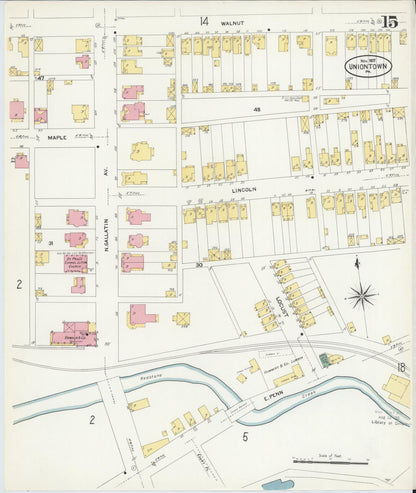 Sanborn Fire Insurance Map from Uniontown, Fayette County, Pennsylvania (1907), Sheet #0015 - Historic Sanborn Fire Insurance Map Print, vintage old map wall art, antique decor, genealogy gift, Pennsylvania Pennsylvania map