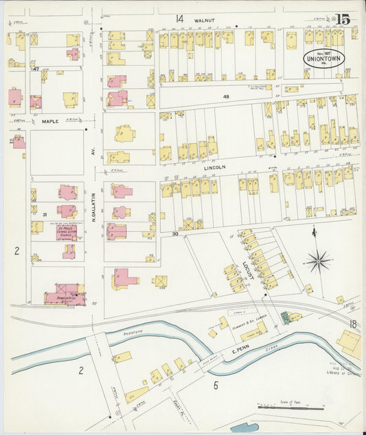 Sanborn Fire Insurance Map from Uniontown, Fayette County, Pennsylvania (1907), Sheet #0015 - Historic Sanborn Fire Insurance Map Print, vintage old map wall art, antique decor, genealogy gift, Pennsylvania Pennsylvania map