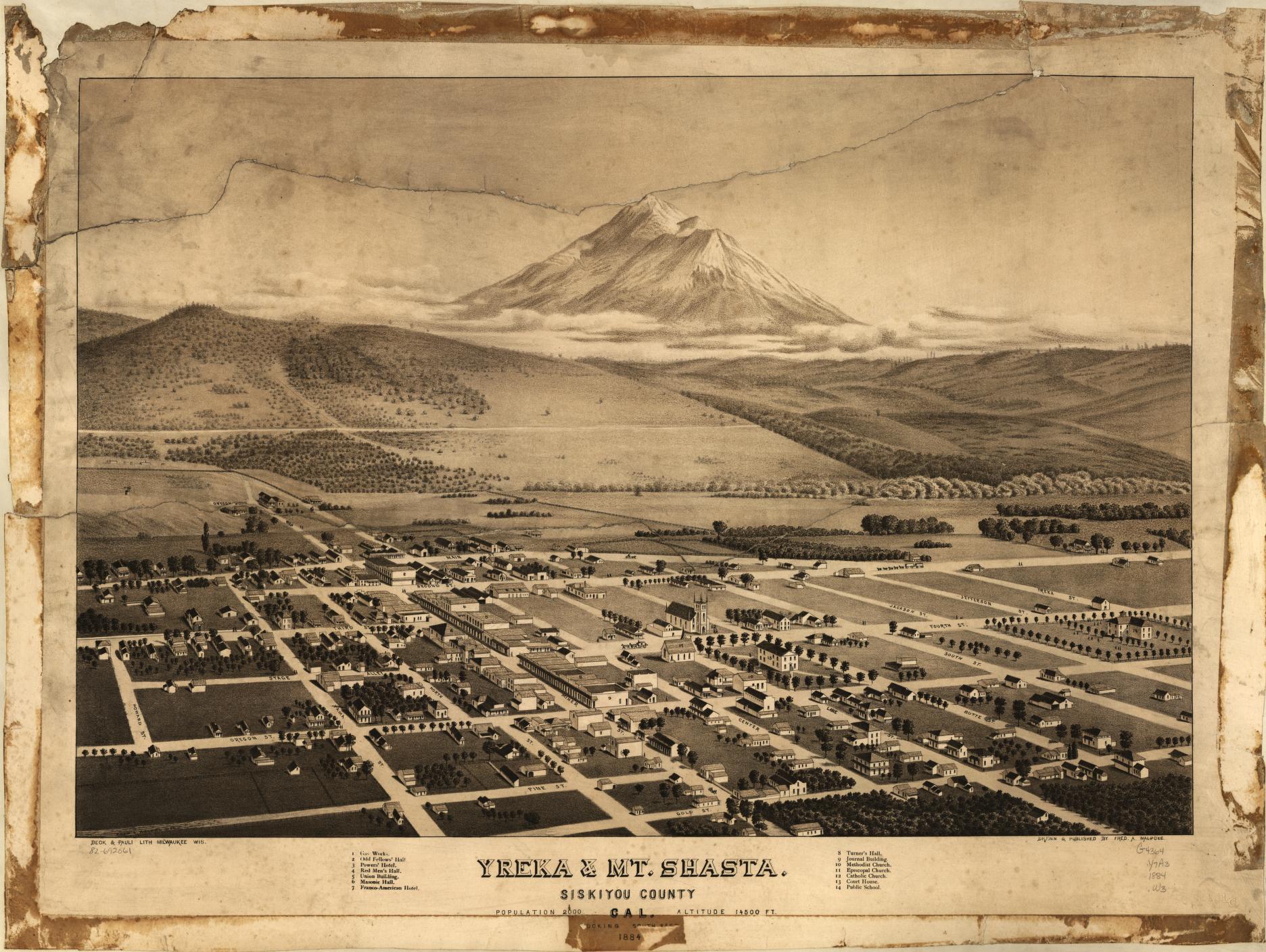Yreka & Mt. Shasta, Siskiyou County, Cal., looking south east (1884) – Historic Bird’s-Eye View Panorama Print