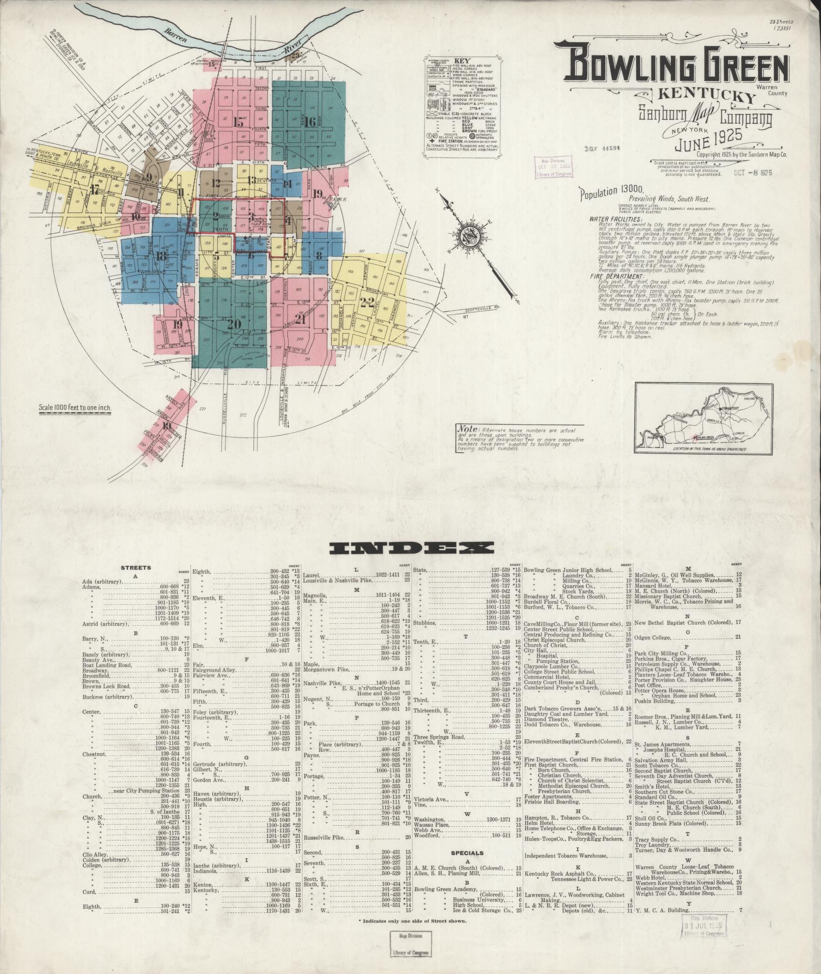 Sanborn Fire Insurance Map from Bowling Green, Warren County, Kentucky (1925), Sheet #0001 - Complete Map Set gallery image, historic Sanborn map, vintage wall art, Kentucky Kentucky