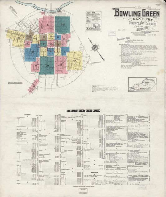 Sanborn Fire Insurance Map from Bowling Green, Warren County, Kentucky (1925), Sheet #0001 - Complete Map Set gallery image, historic Sanborn map, vintage wall art, Kentucky Kentucky
