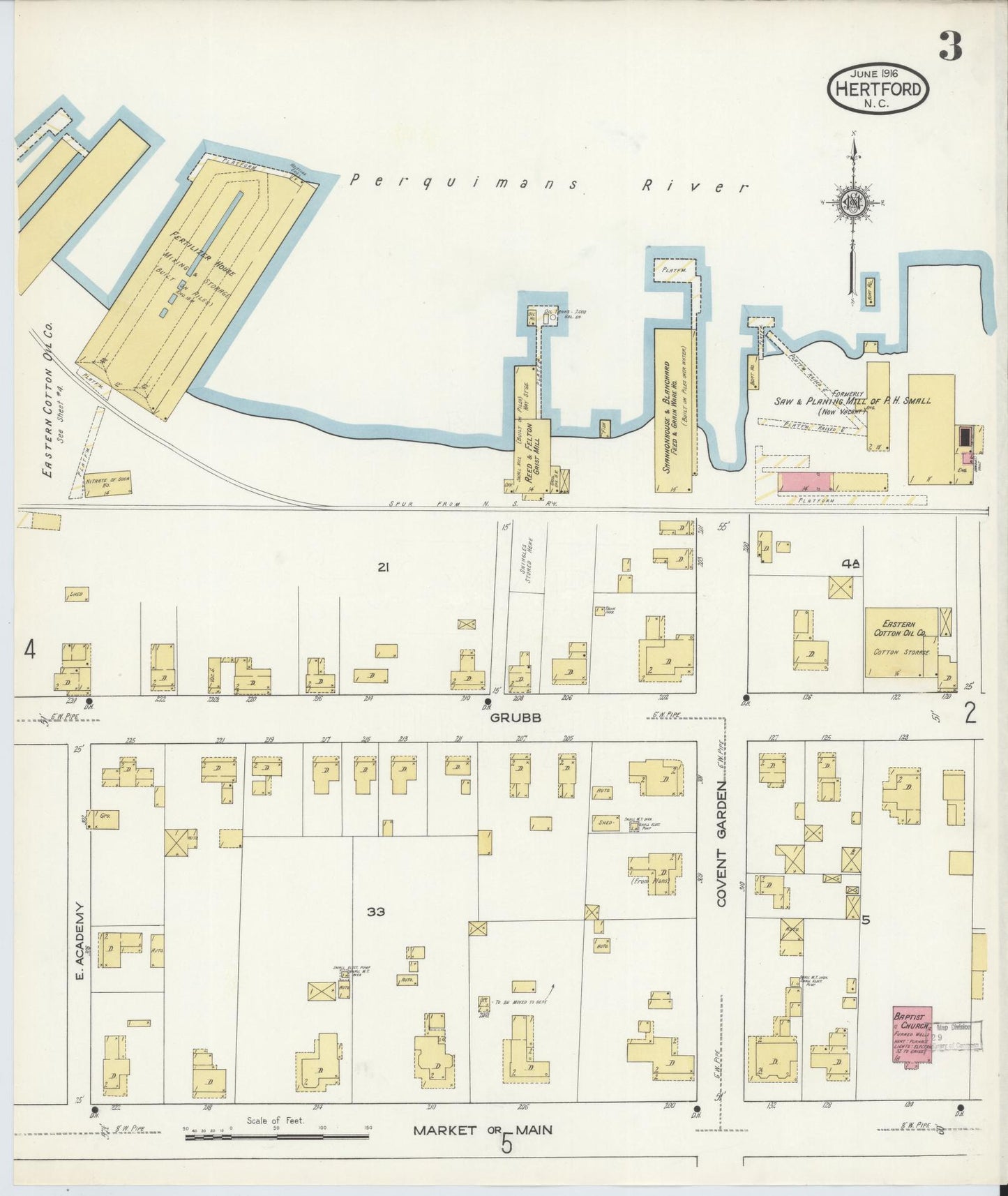 Sanborn Fire Insurance Map from Hertford, Perquimans County, North Carolina (1916), Sheet #0003 - Complete Map Set gallery image, historic Sanborn map, vintage wall art, North Carolina North Carolina