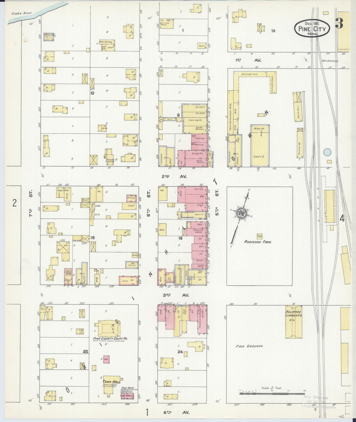 Sanborn Fire Insurance Map from Pine City, Pine County, Minnesota (1911), Sheet #0003 - Historic Sanborn Fire Insurance Map Print, vintage old map wall art, antique decor, genealogy gift, Minnesota Minnesota map