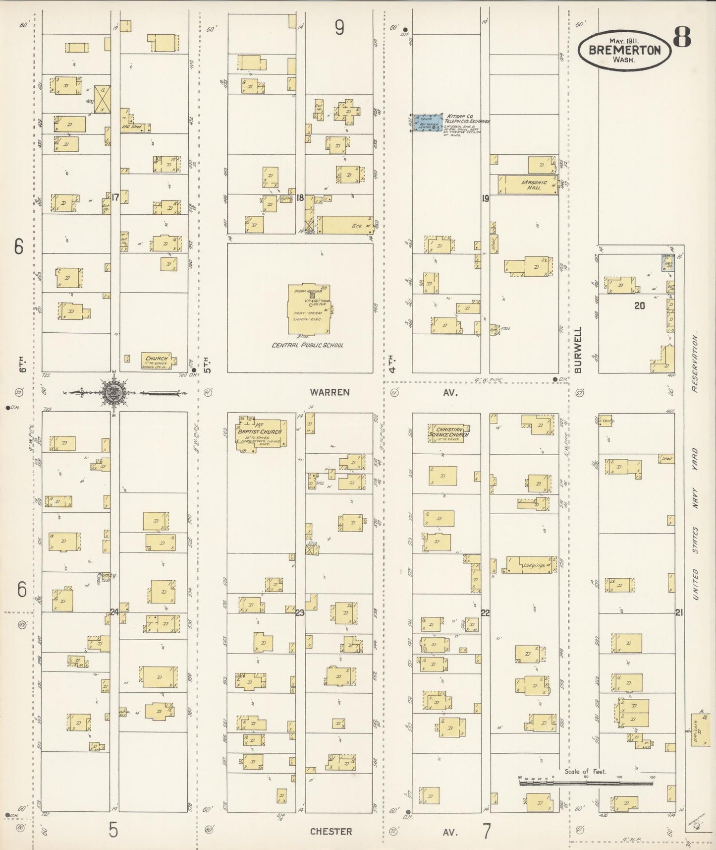 Sanborn Fire Insurance Map from Bremerton, Kitsap County, Washington (1911), Sheet #0008 - Complete Map Set gallery image, historic Sanborn map, vintage wall art, Washington Washington